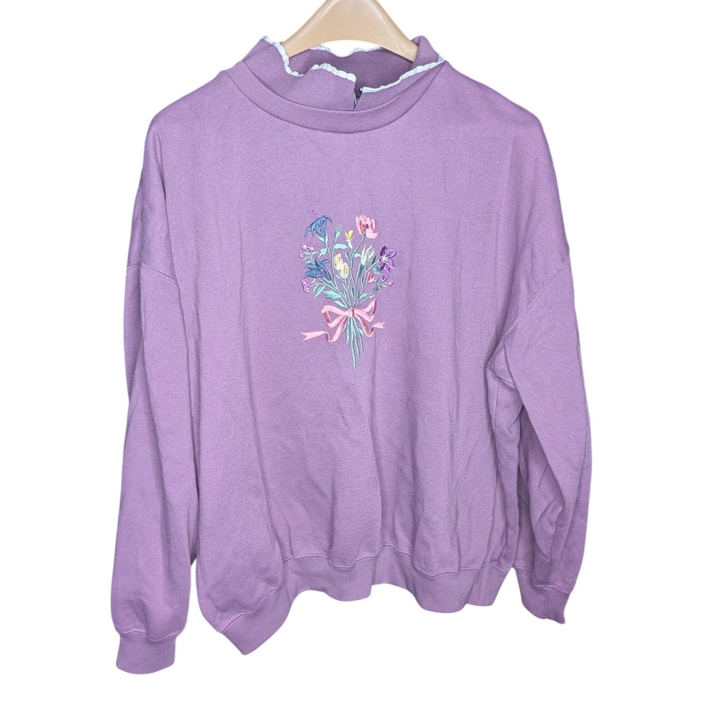 Vintage Active Exchange II Embroidered Wildflower Sweatshirt Purple Mock Neck 2X